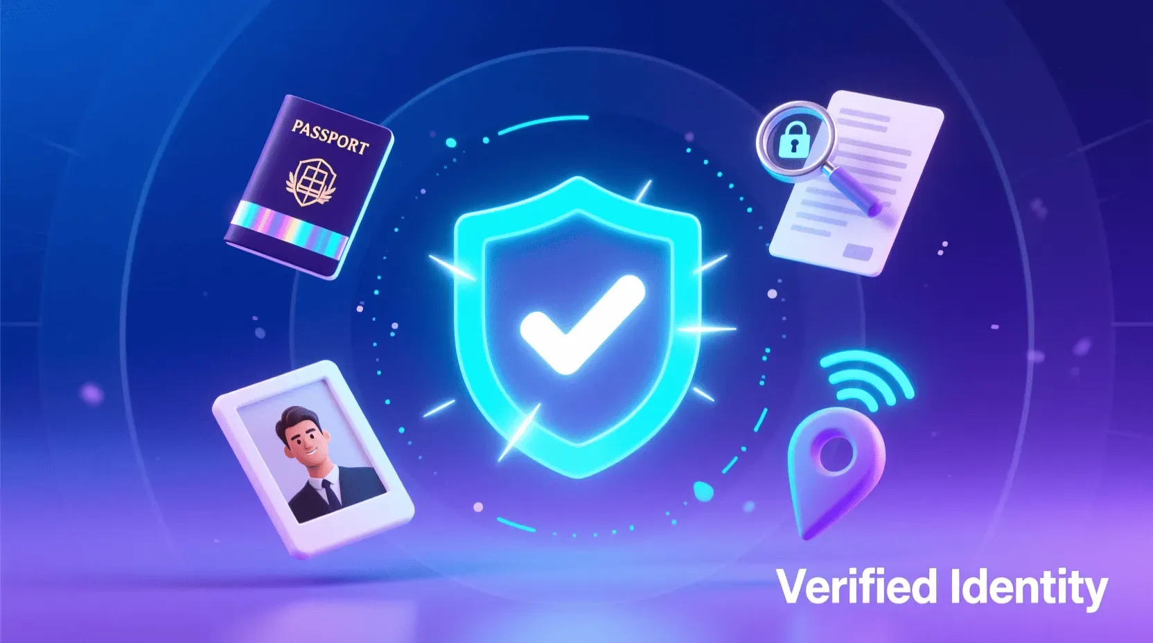 Account verification security concept with shield, passport, identity verification, and location elements