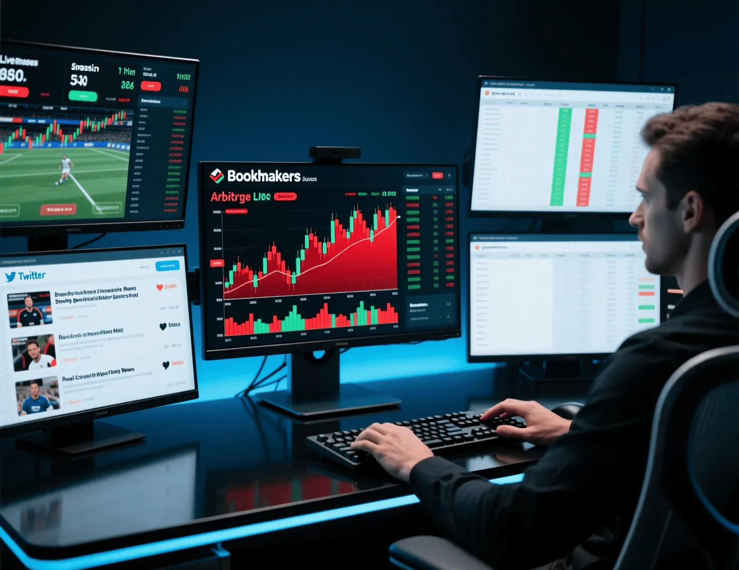 Professional betting setup with multiple monitors showing live data and arbitrage opportunities
