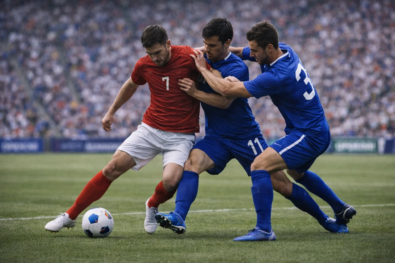 Soccer players competing for ball during professional match
