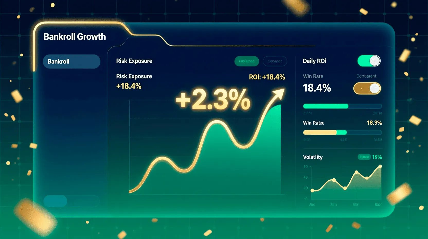 Professional bankroll management dashboard showing betting statistics and growth charts