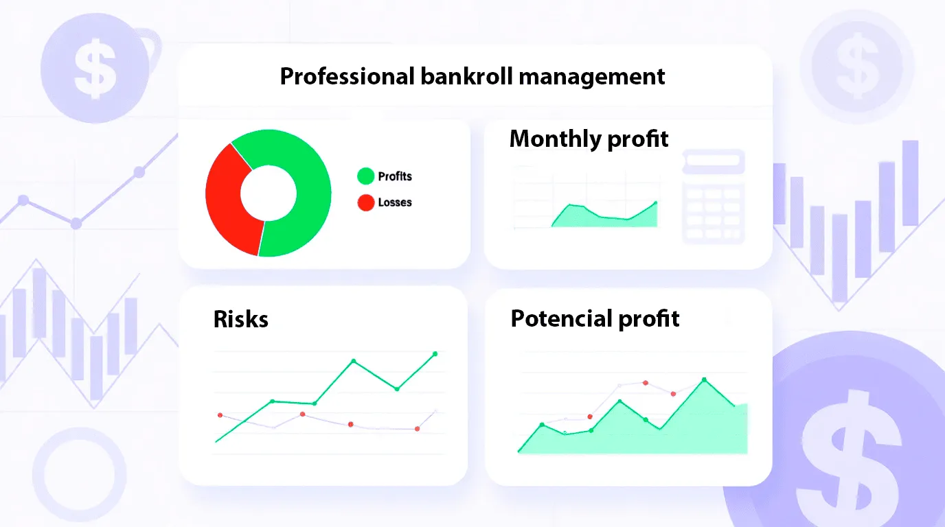 Professional bankroll management dashboard showing bet allocation and profit/loss trends