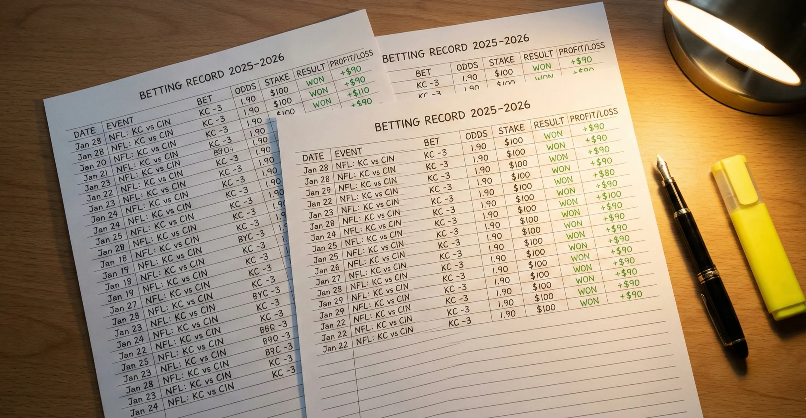 Organized betting records and tracking sheets on desk