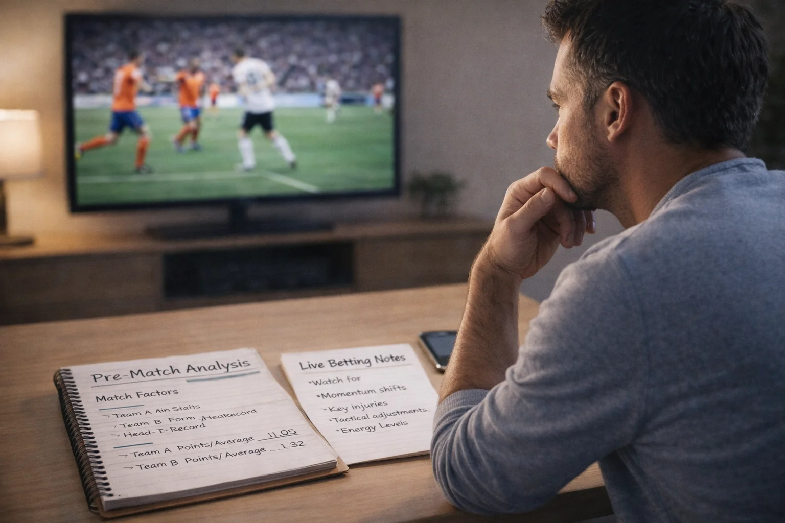 Bettor analyzing options between pregame research and live game