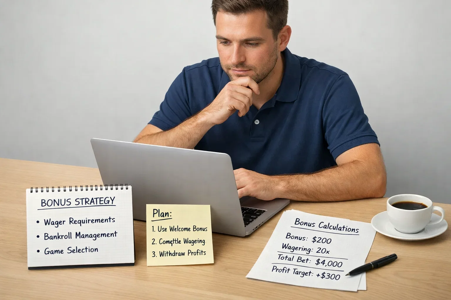 Bettor strategically planning bonus utilization on laptop