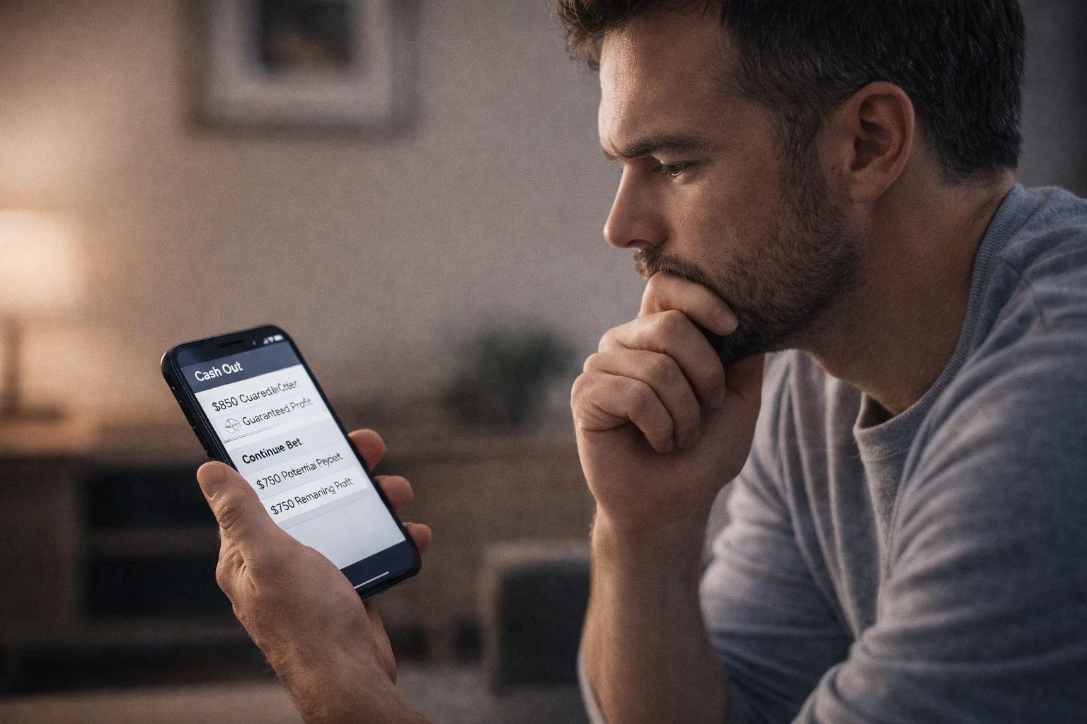 Bettor thoughtfully considering cash out offer on phone screen