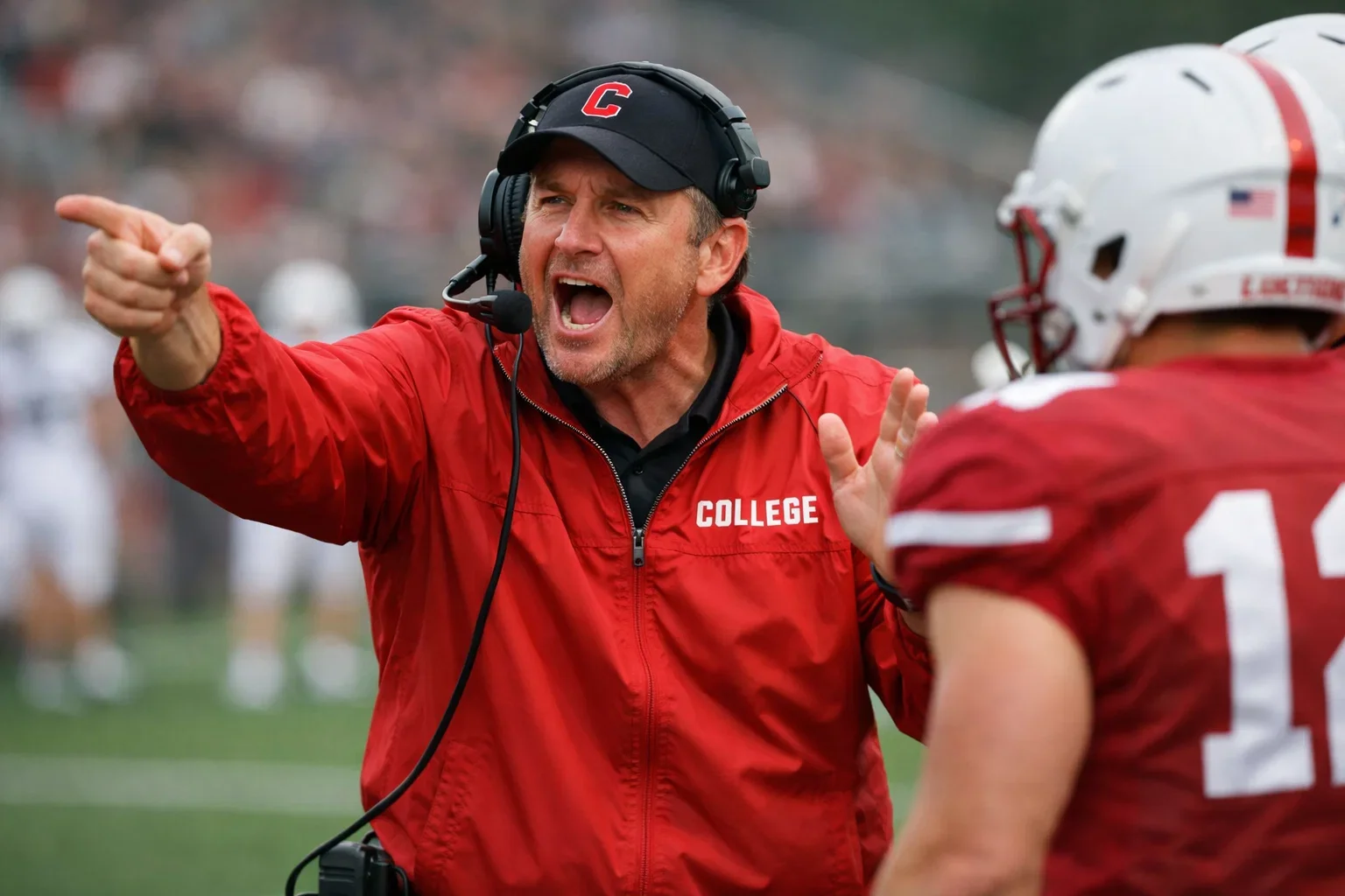 College football coach on sideline directing team