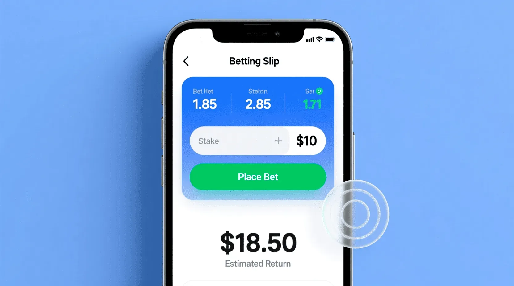 Betting slip interface showing bet selection with odds, stake amount, potential payout, and place bet button on mobile and desktop
