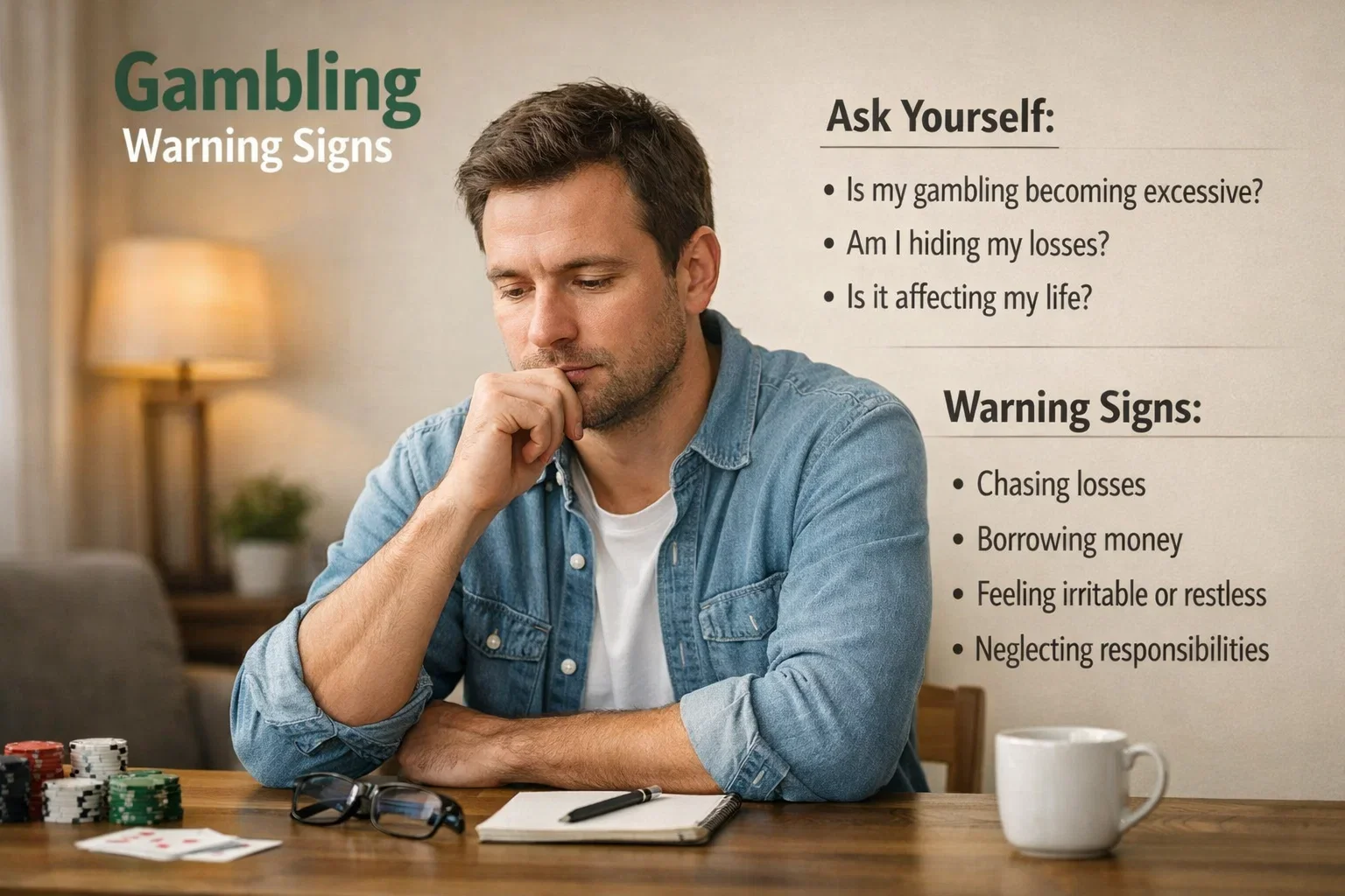 Person reflecting on betting habits with concerned expression