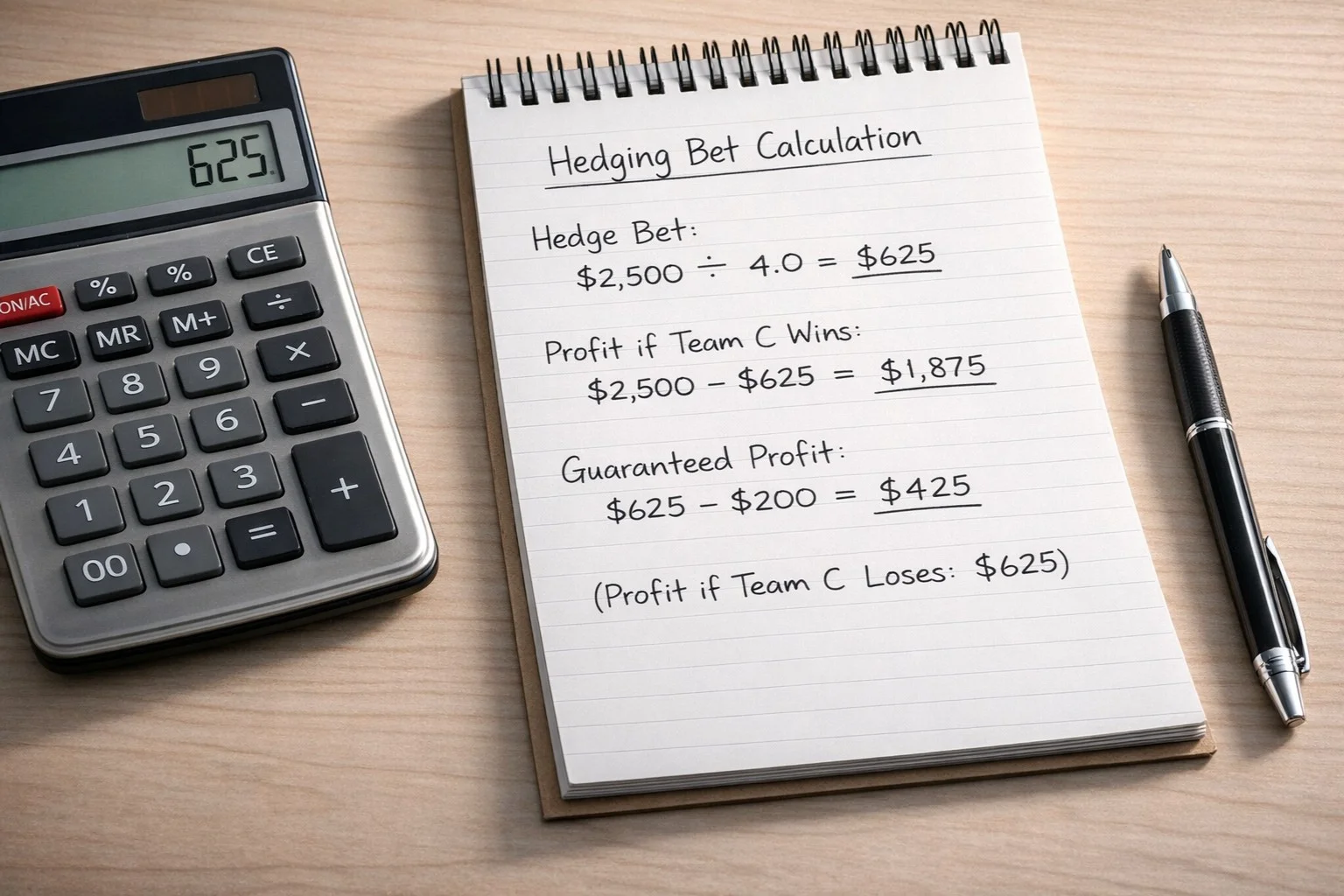 Calculator and notepad showing hedge bet calculations