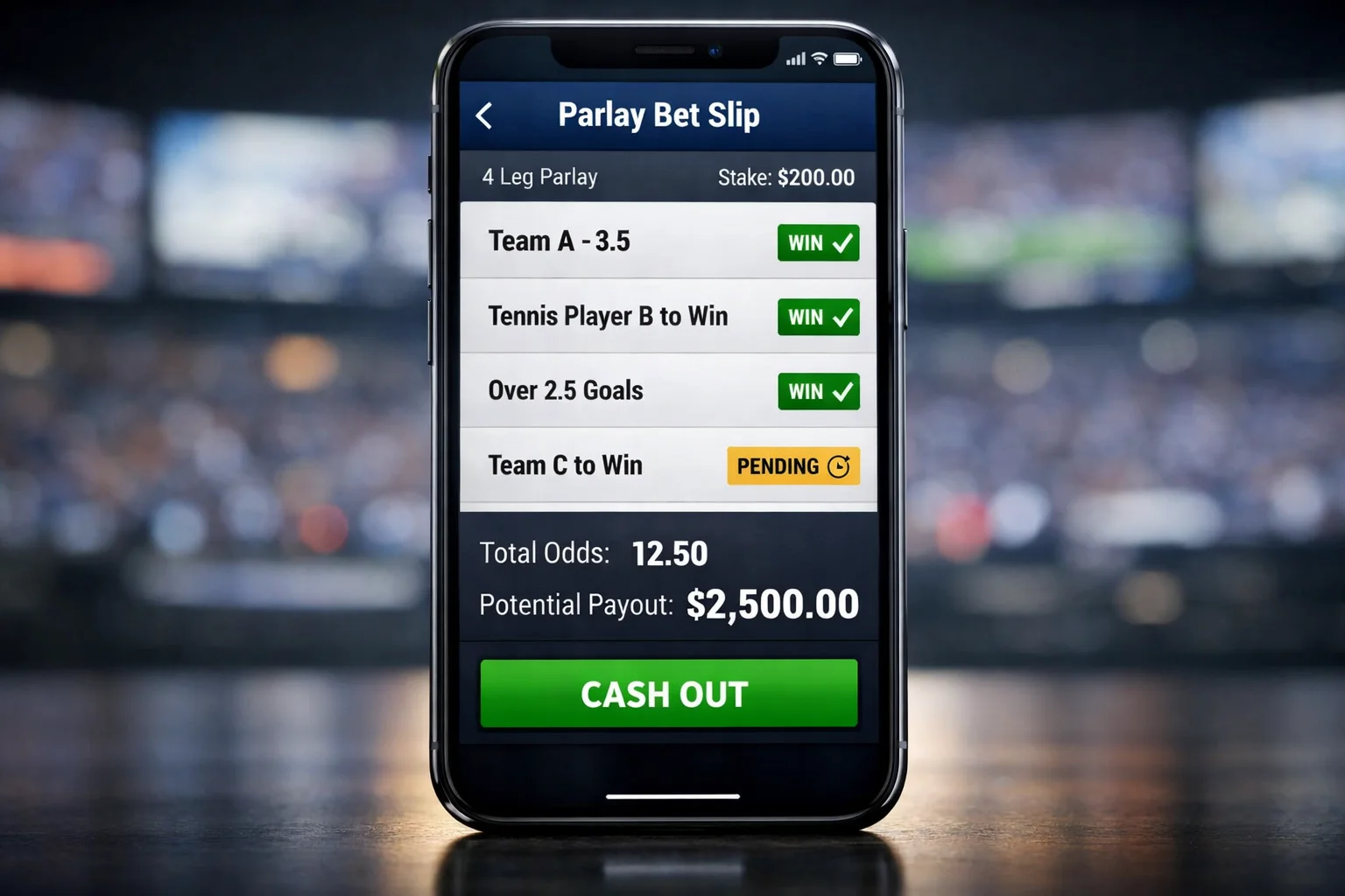 Screen showing parlay with multiple winning legs awaiting final result