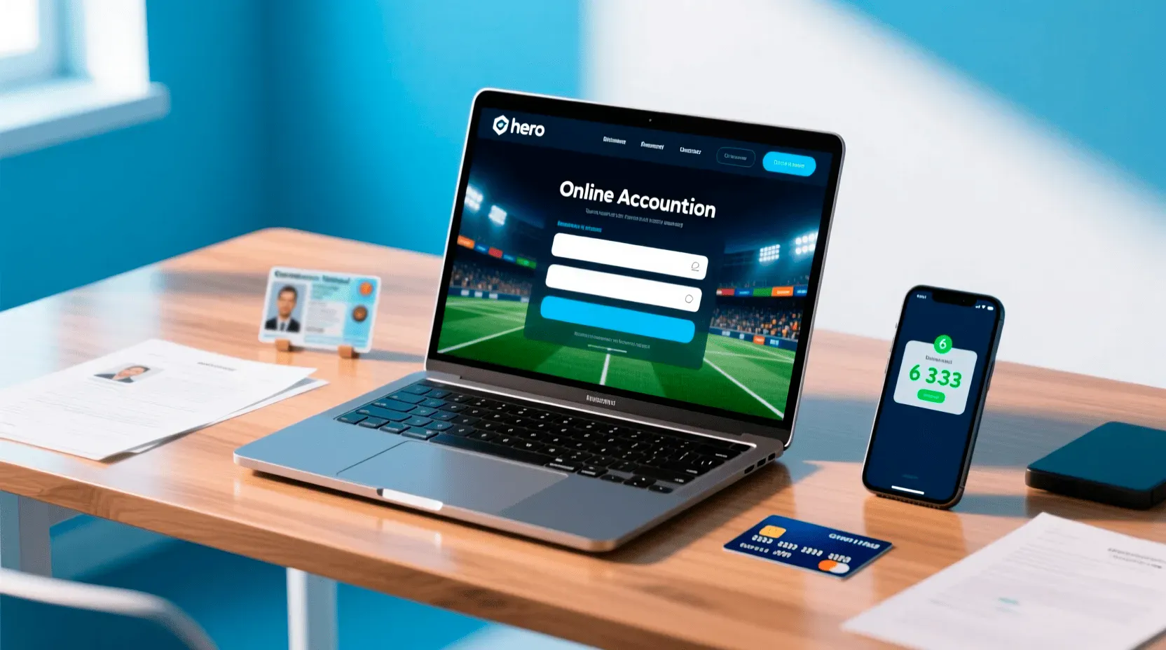 Brom Bet account registration setup on laptop with required documents including ID card and smartphone