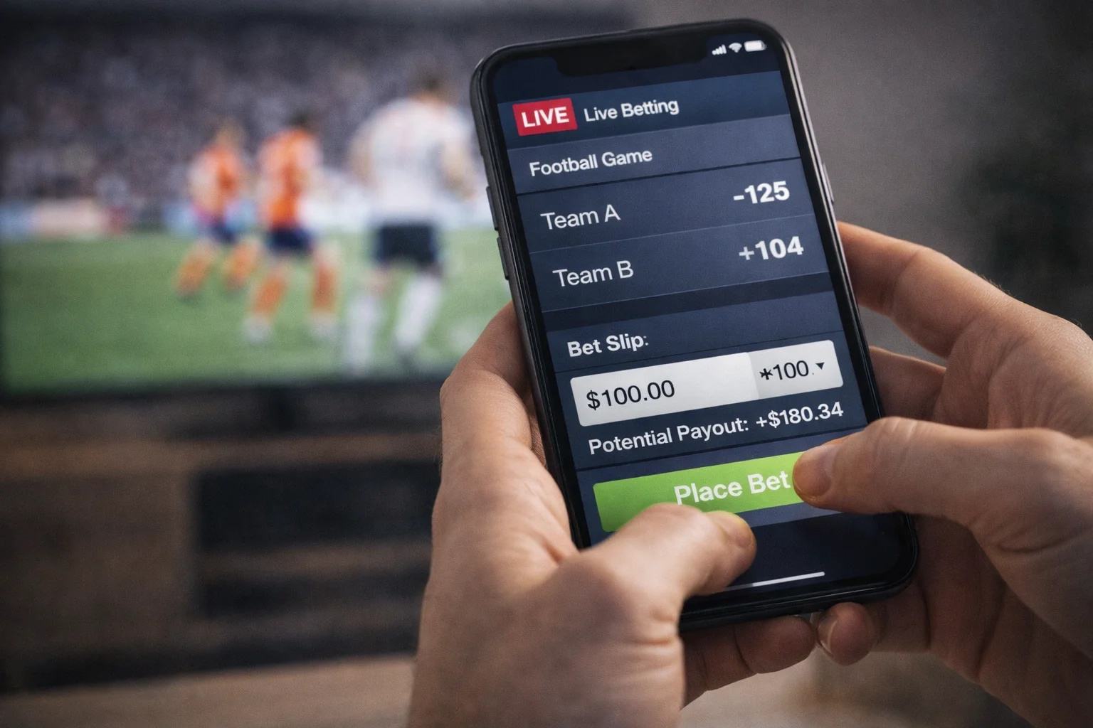 Person placing live bet on mobile phone during sports event