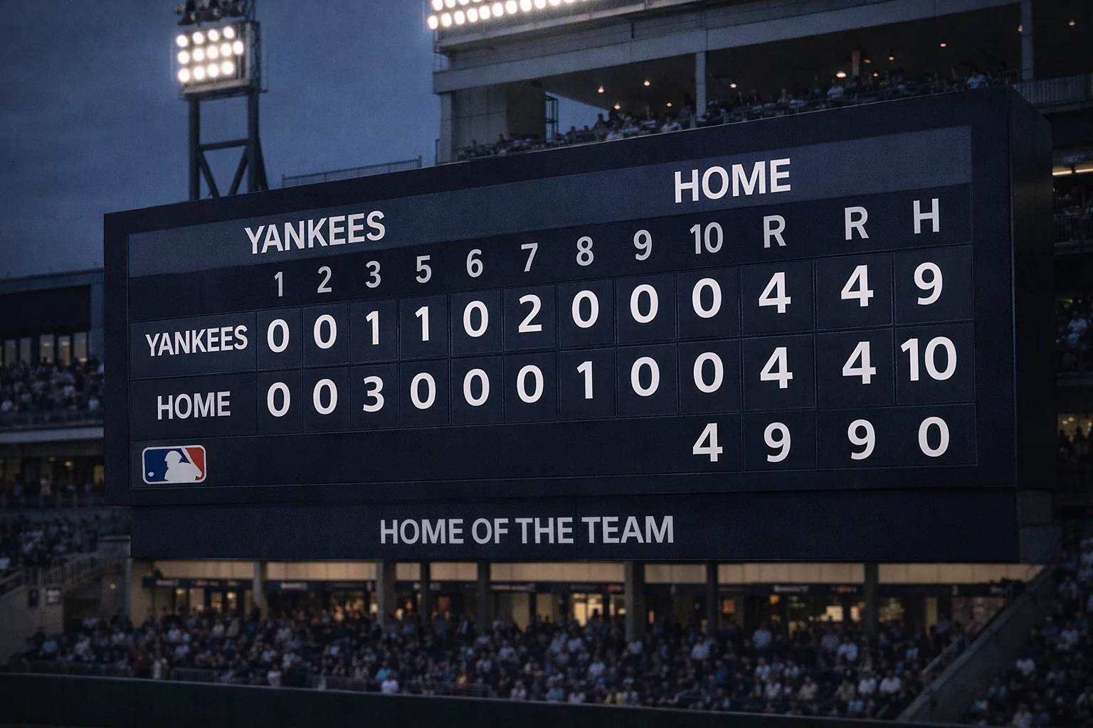 Baseball scoreboard showing close game score