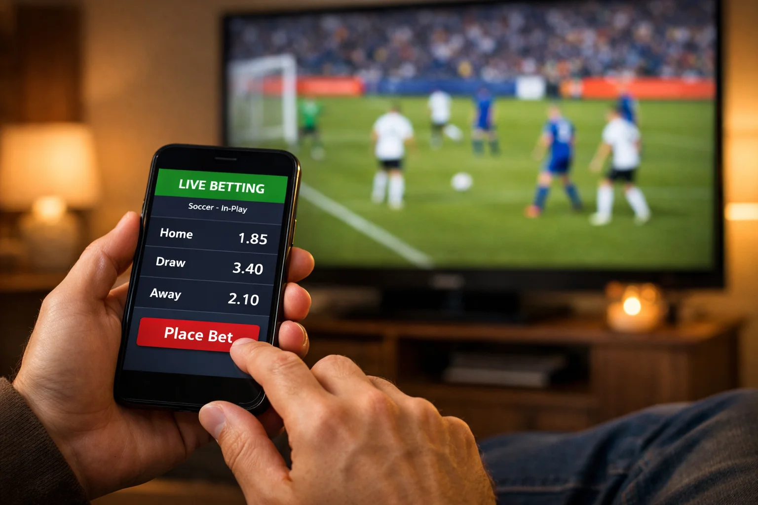 Person placing live bet on phone while watching game on TV