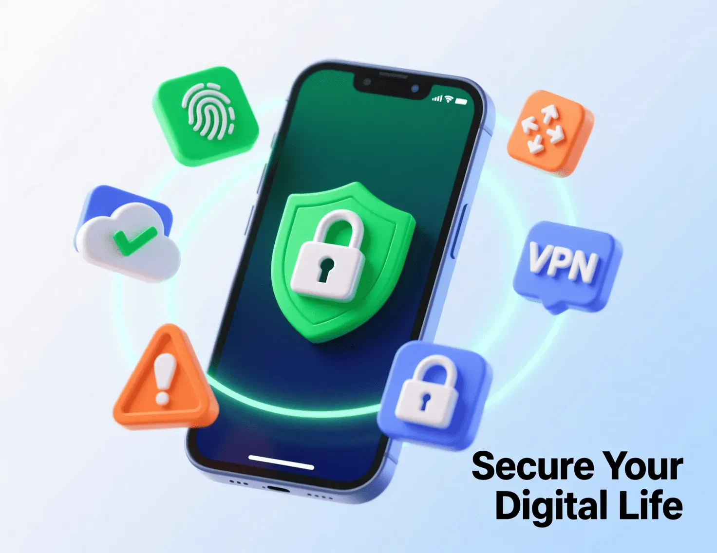 Mobile security protection features including biometric authentication, encryption, VPN, and data backup