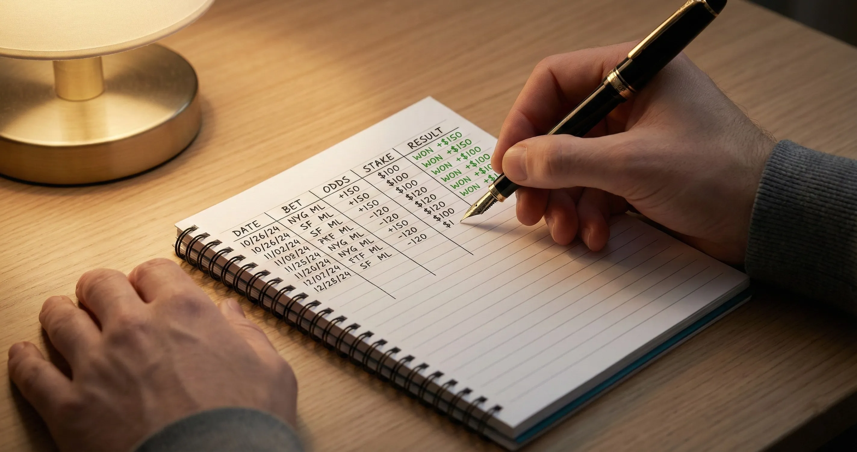 Person tracking betting records in a notebook