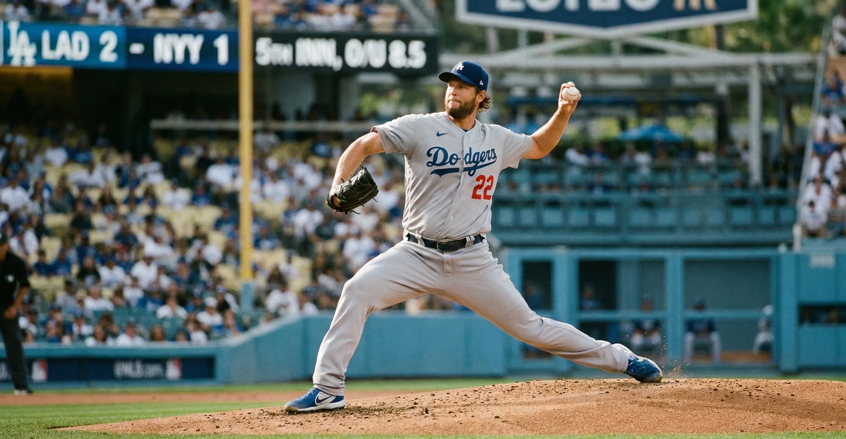 Baseball pitcher in mid-throw on the mound