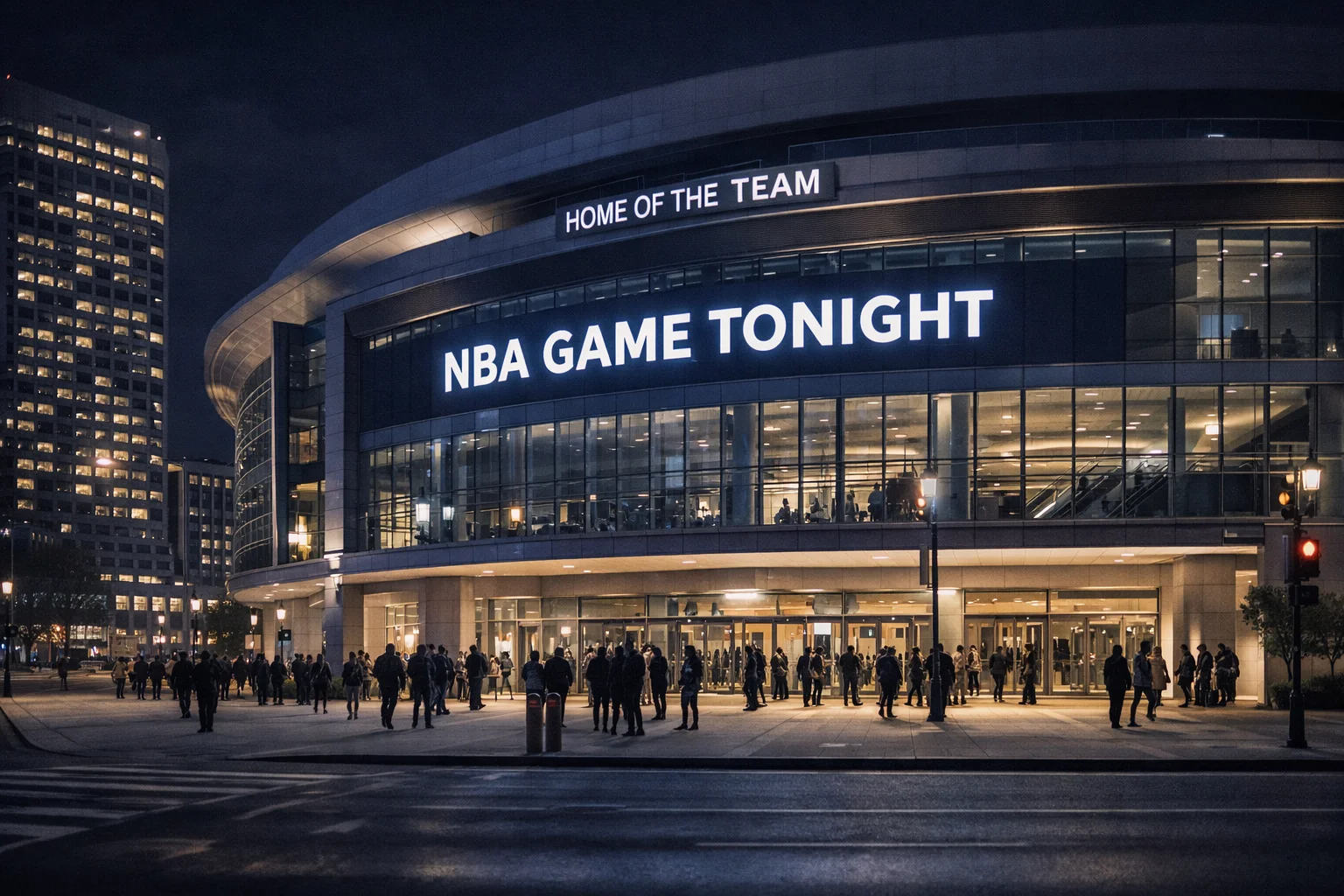NBA arena exterior showing game night atmosphere