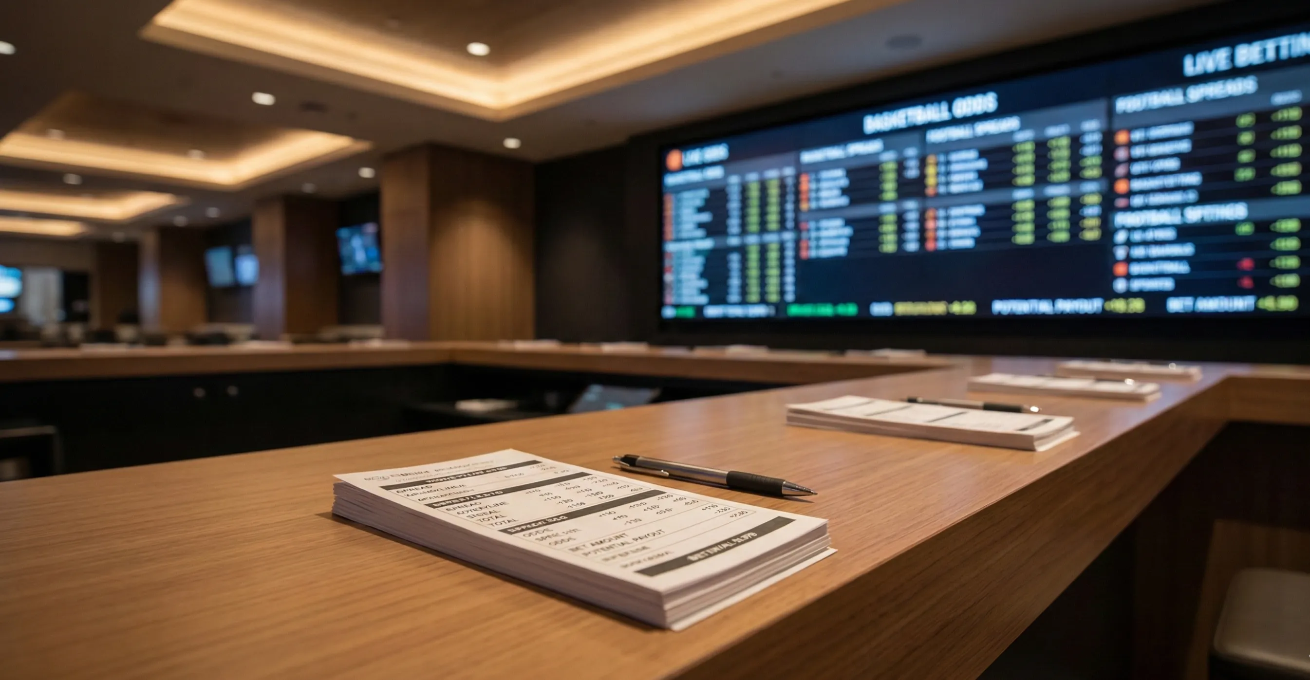 Sportsbook counter with betting slips and odds display