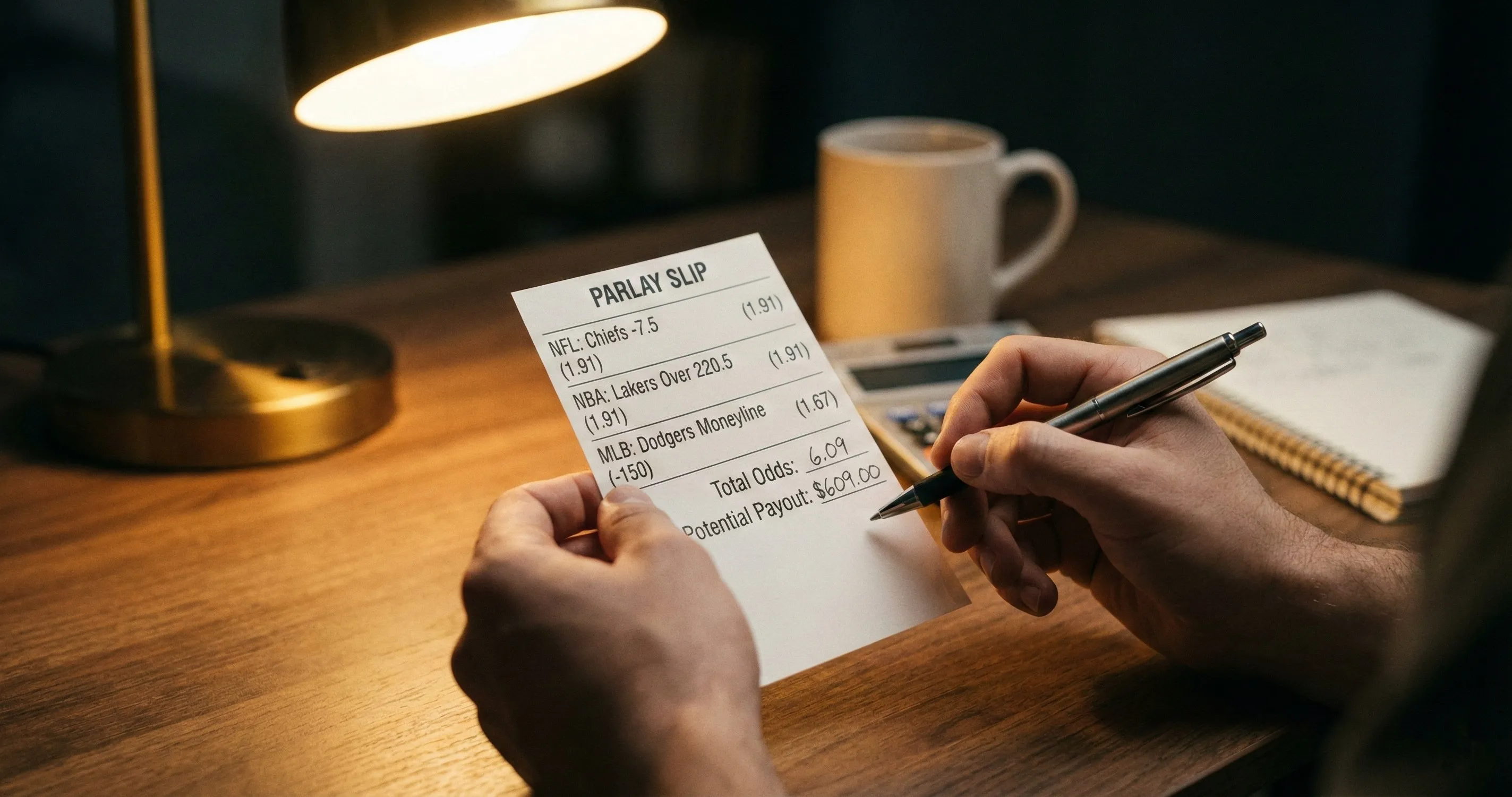 Sports bettor reviewing parlay ticket with multiple selections