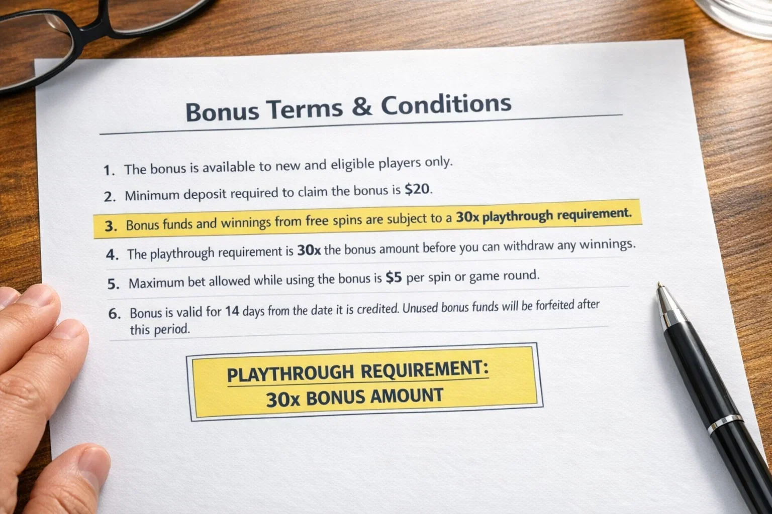 Document showing bonus terms and wagering requirements