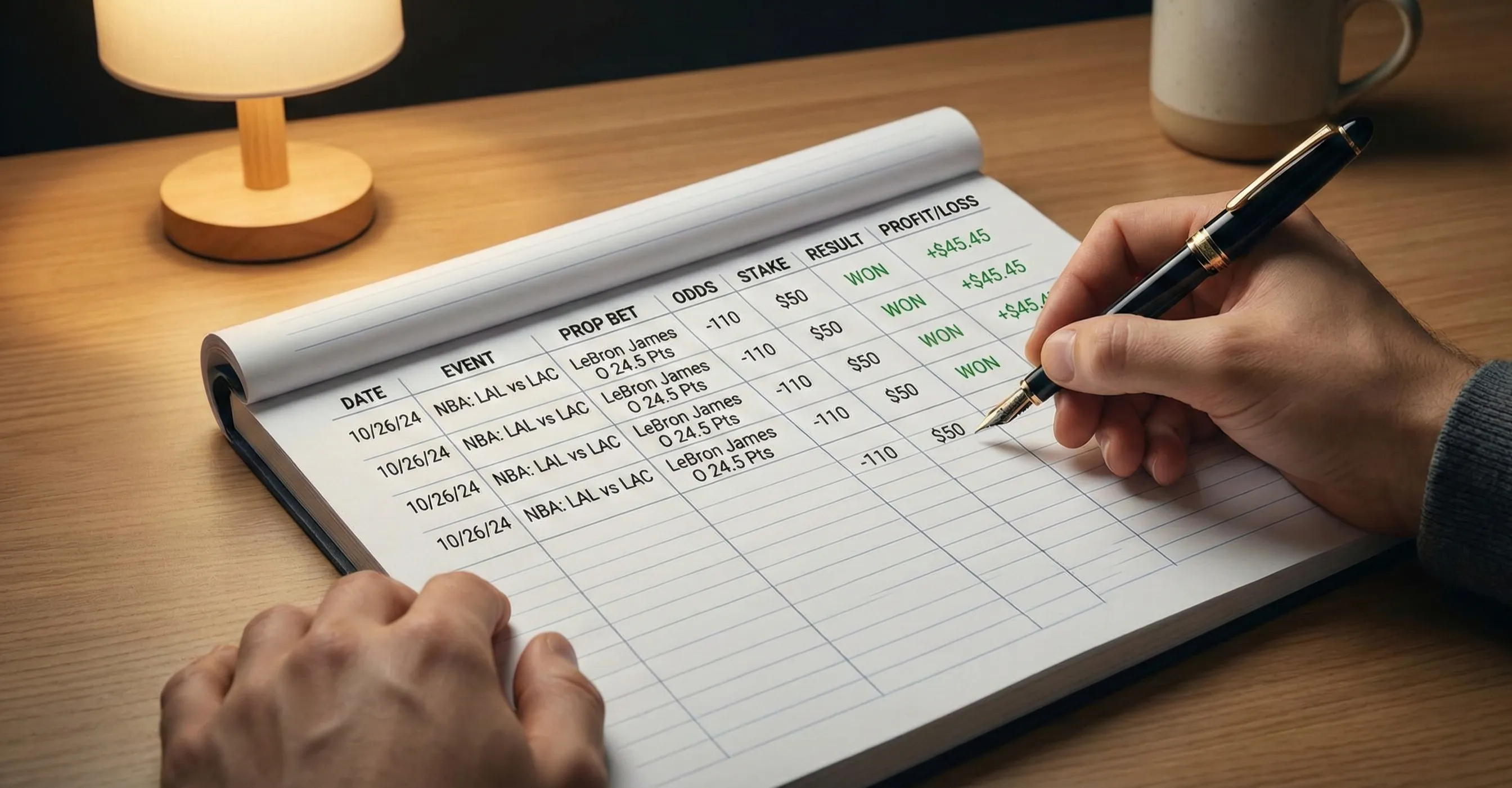 Person tracking sports betting results in organized notebook