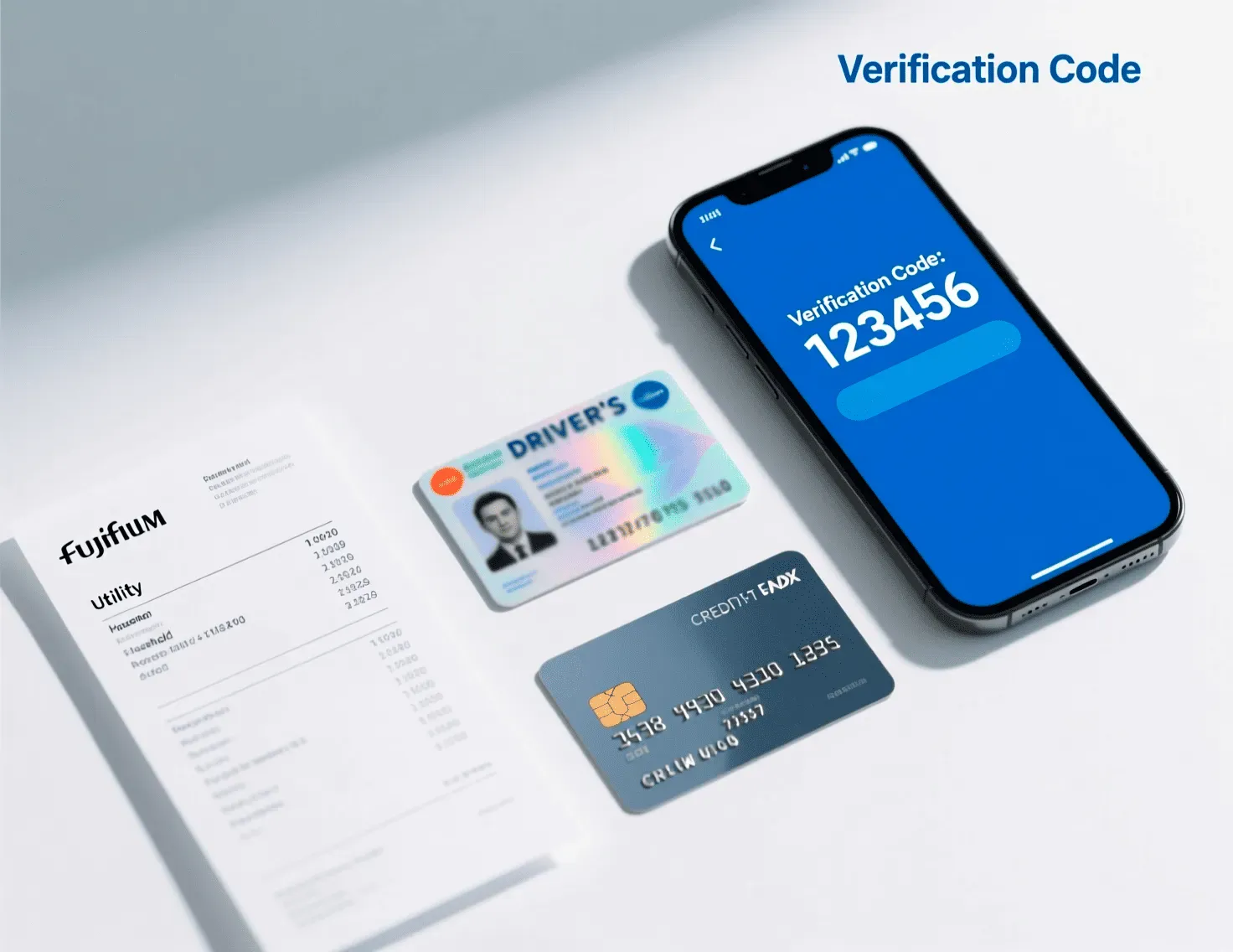 Essential documents for betting account registration: driver's license, utility bill, smartphone with verification code, and credit card