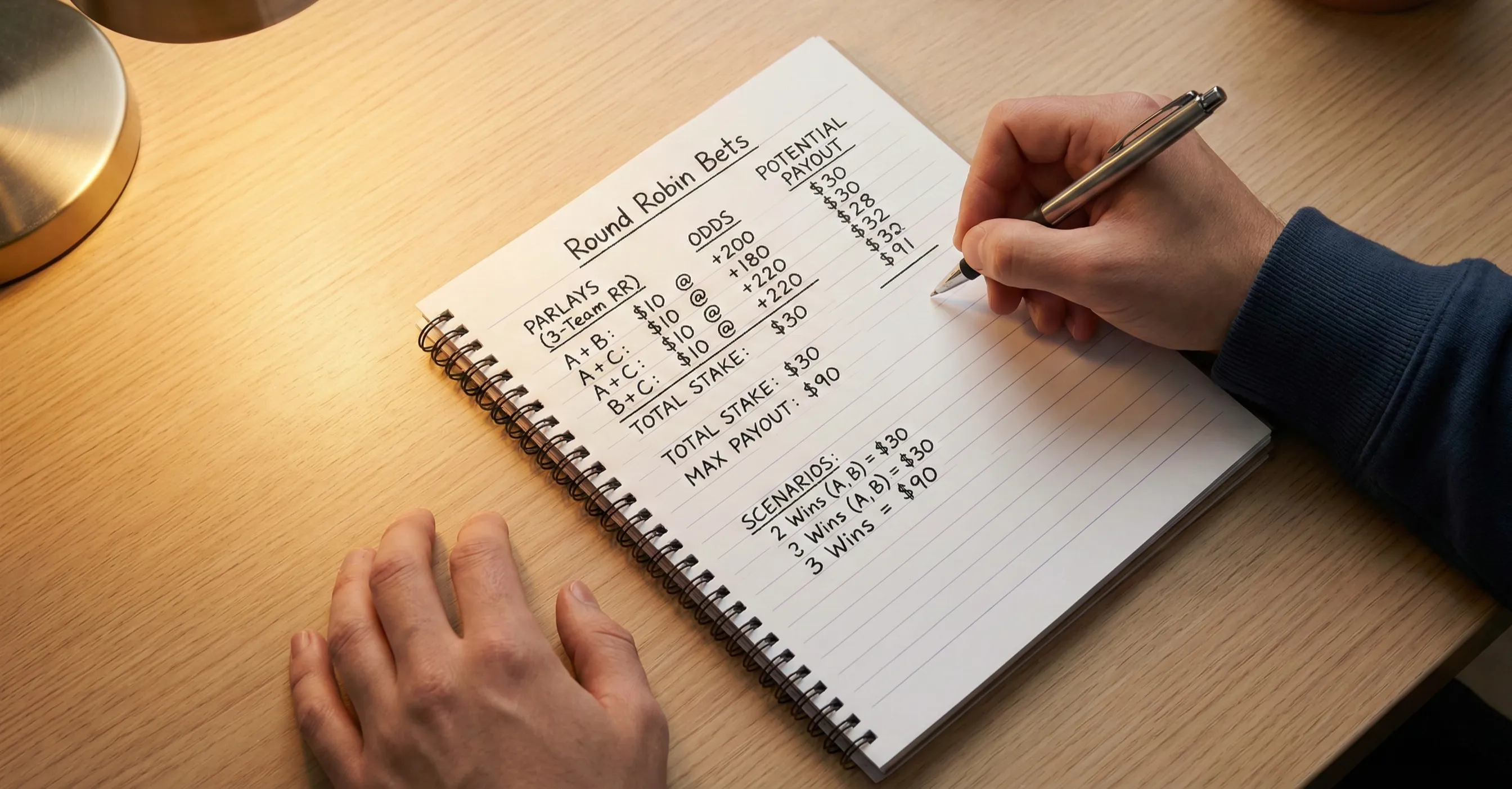 Person calculating multiple parlay payouts on paper