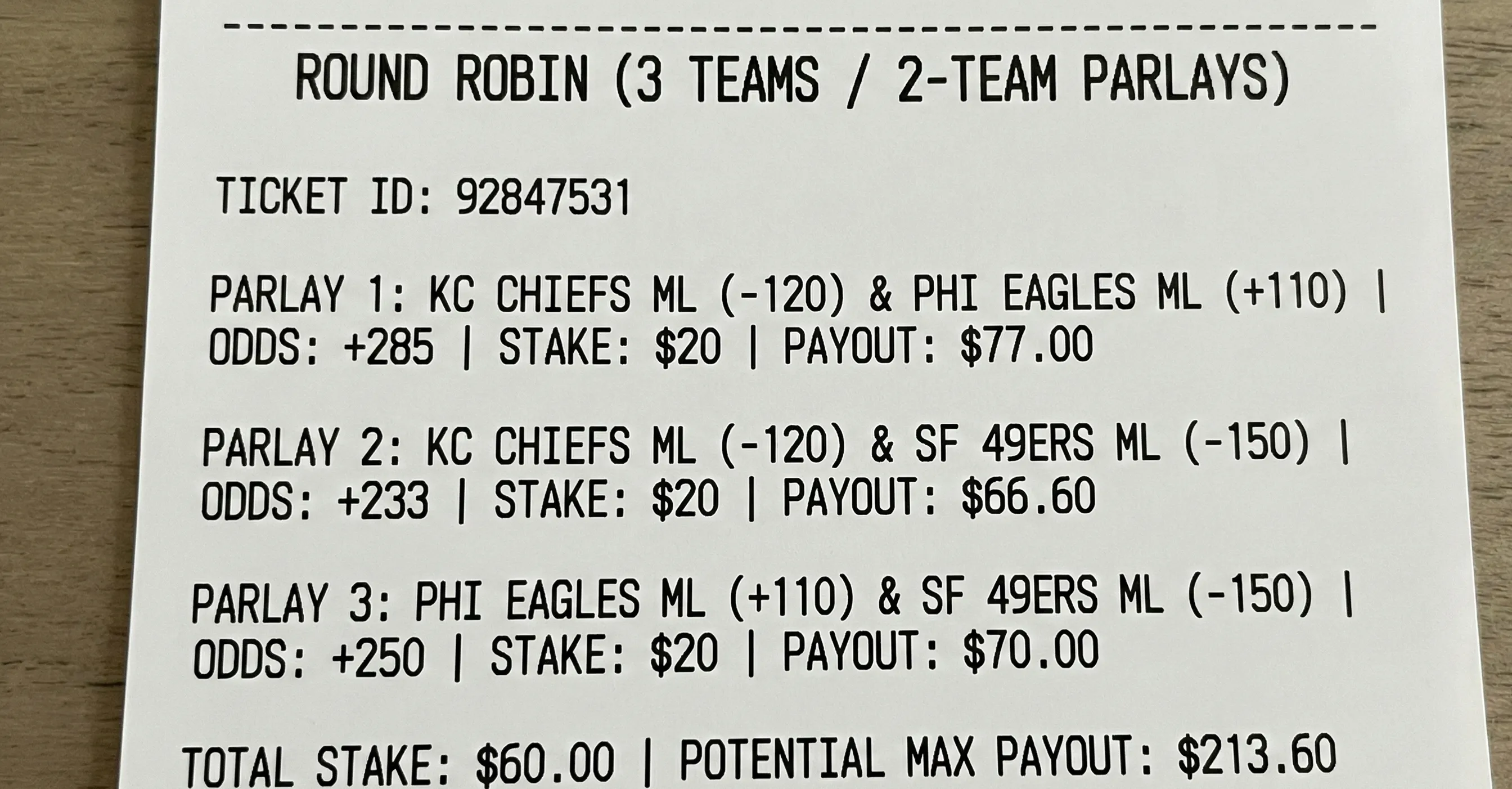 Betting slip showing multiple parlay combinations with odds