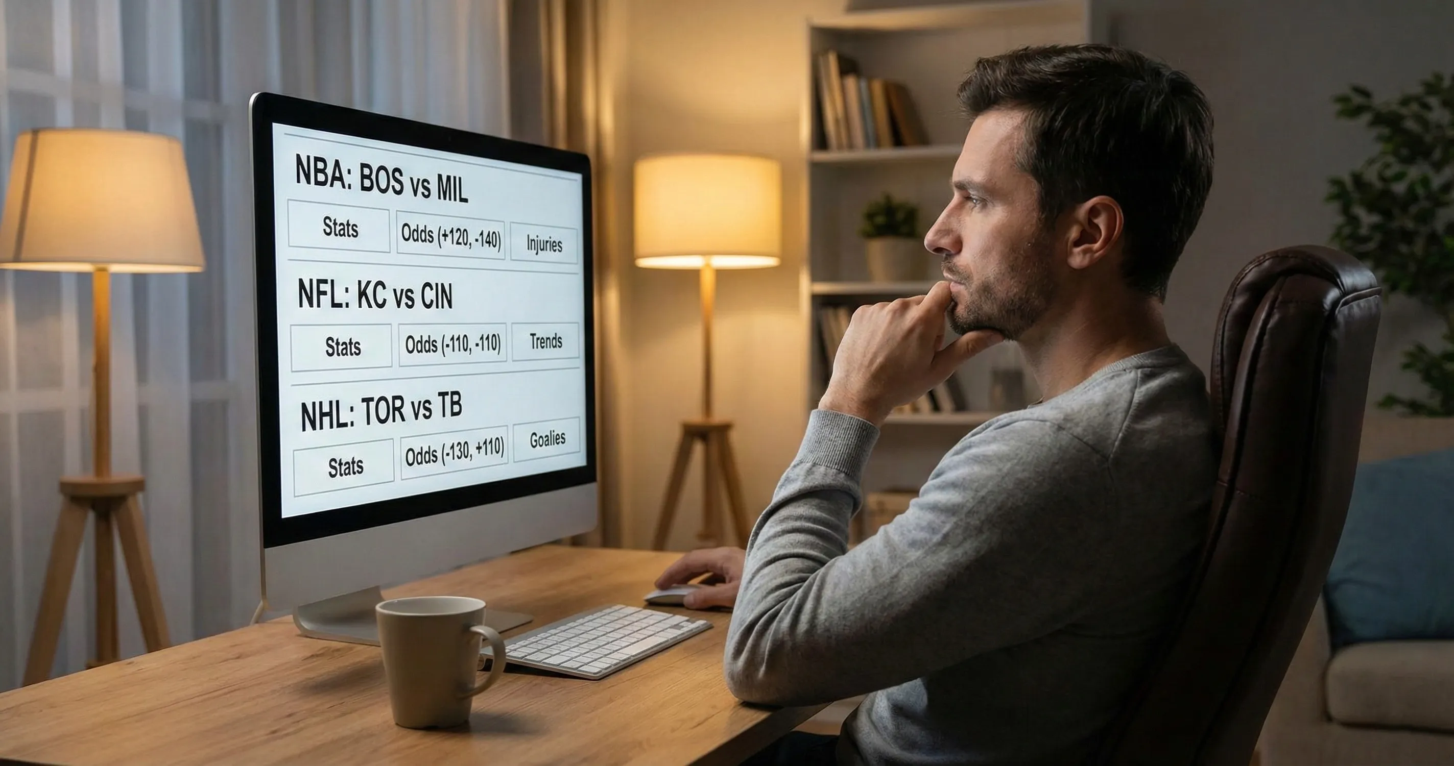 Bettor analyzing multiple games on screen before placing parlay