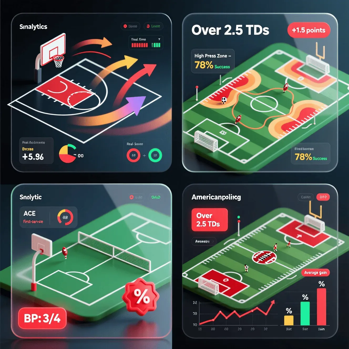 Grid showing live betting strategies for basketball, soccer, tennis and football