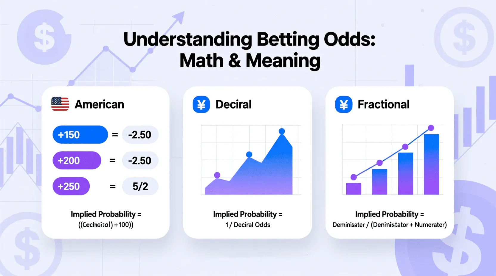 Comprehensive infographic explaining American, decimal, and fractional odds with probability calculations