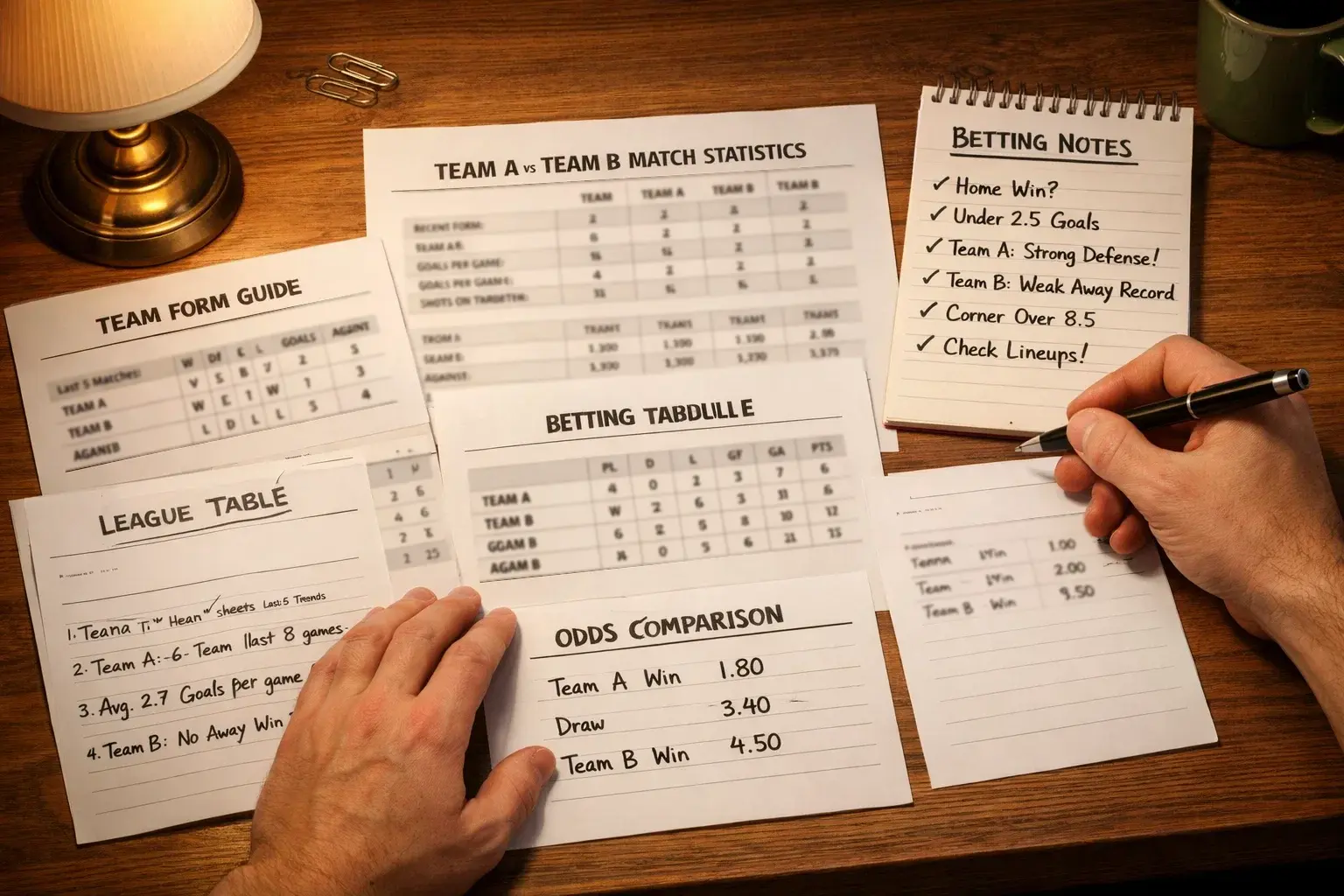Bettor reviewing sports statistics and notes at desk