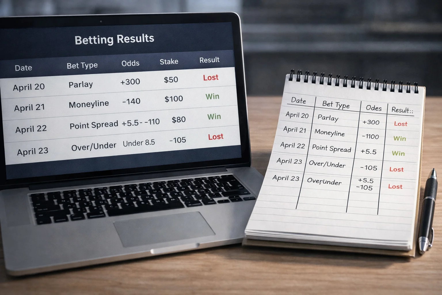 Spreadsheet or notebook tracking betting results and performance