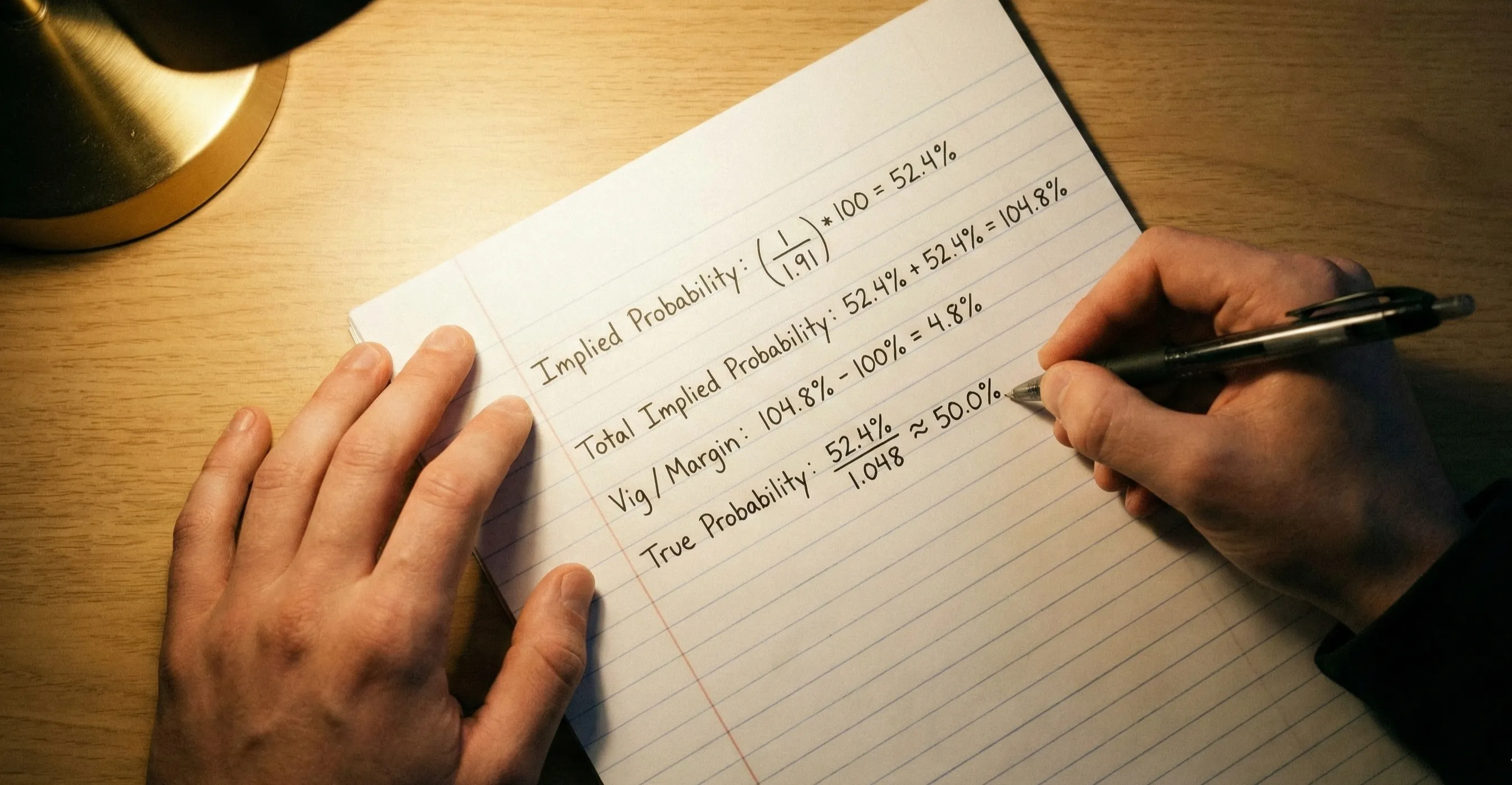 Person working through betting calculations with pen and paper